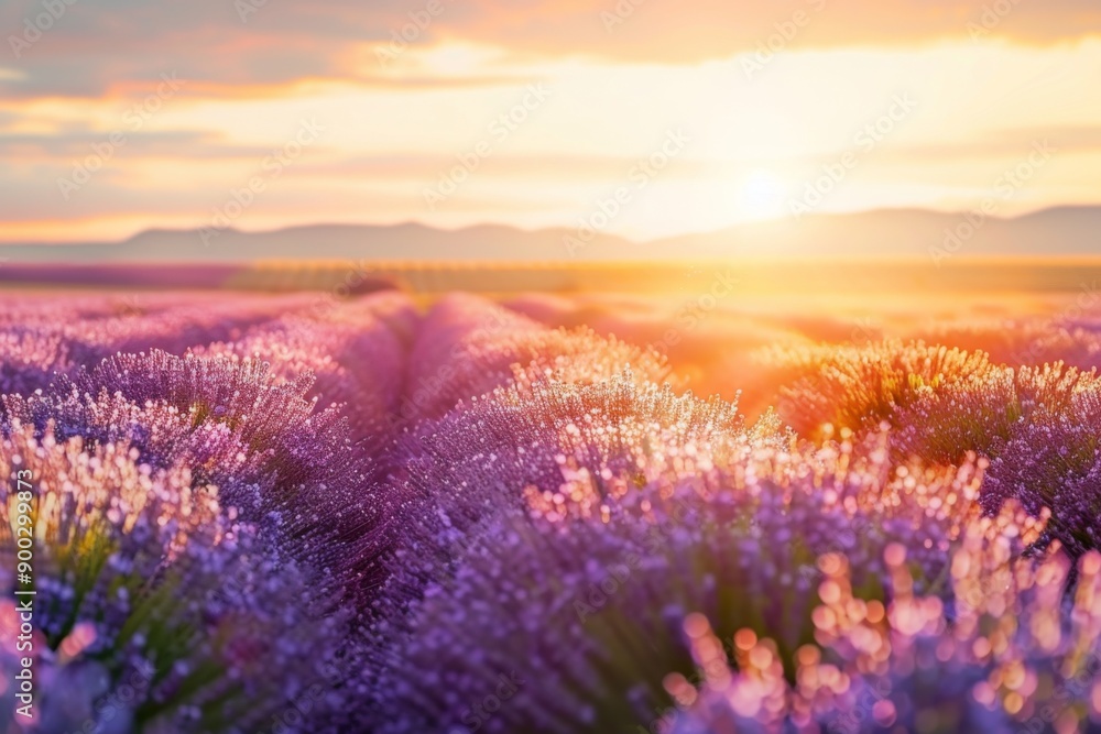 Obraz premium Landscape with violet lavender flower field at sunset. The enchanting beauty of Lavender Fields