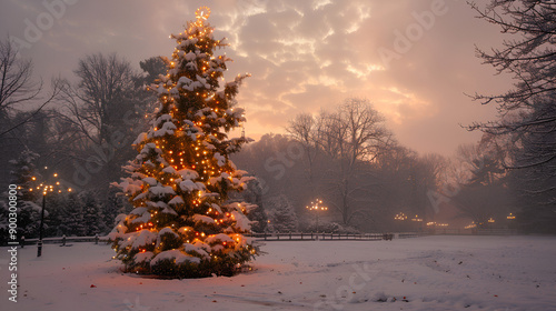 Evergreen tree decorated with lights for the Winter Solstice photo