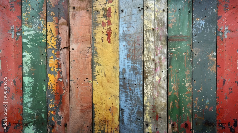 Old, grungy, colorful wood background - generative ai Old, grungy, colorful wood background - generative ai
