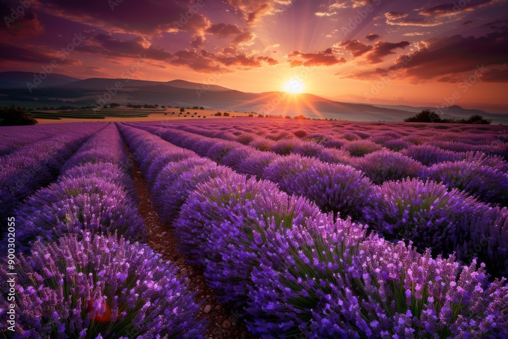 Obraz premium Landscape with violet lavender flower field at sunset. The enchanting beauty of Lavender Fields