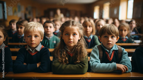 Class selfie in an elementary school. Kids taking a picture together in a co-ed school, photography.