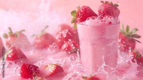  Close-up of a glass of strawberry juice with ice cubes and a fresh strawberry on the rim. 
