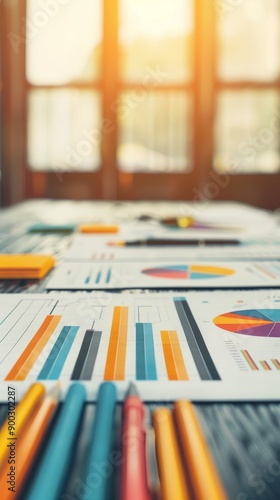 financial data analysis with colorful charts and pens on wooden desk. photo