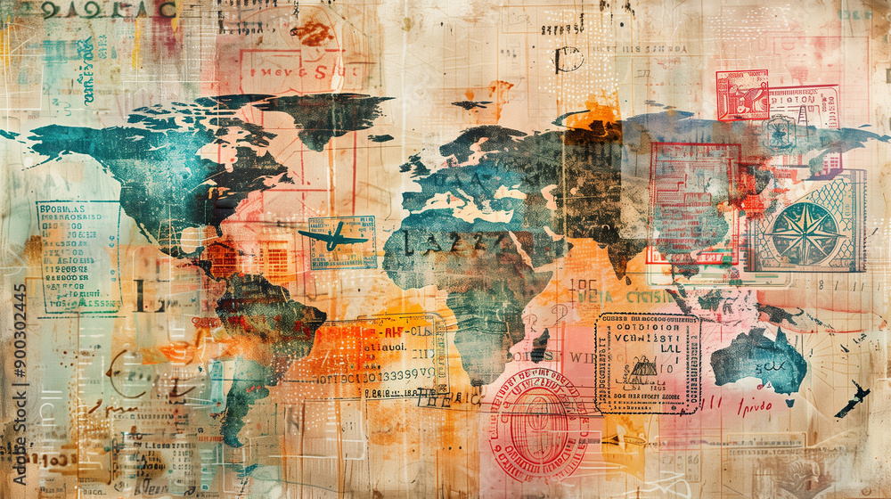Fototapeta premium Vintage world map with various travel stamps.