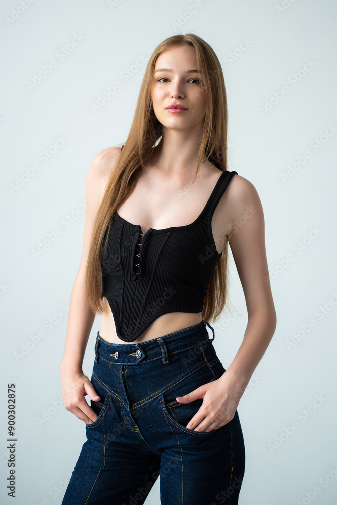 Woman wearing casual clothes poses on white background. Model agency snapshot Woman wearing casual clothes poses on white background. Model agency snapshot