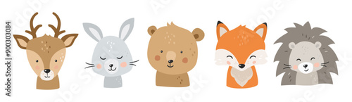 Woodland characters. Cute Forest animals faces. Little fox, bear, deer, bunny, hedgehog for baby shower, nursery, textile, birthday kids print, invitation cards