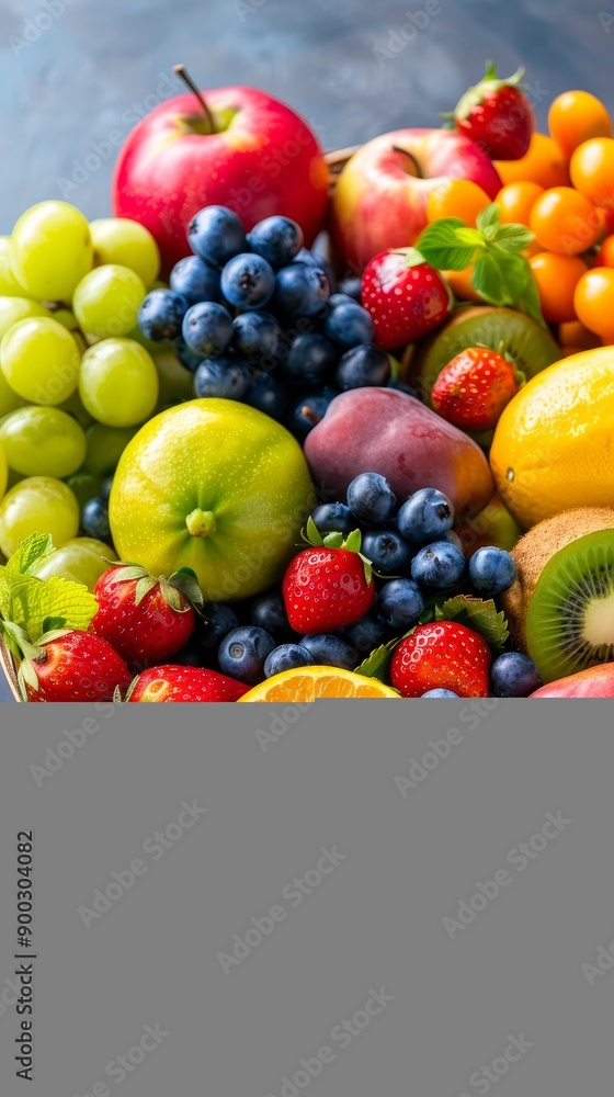 vibrant assortment of fresh fruits in a basket, grapes, apples, strawberries, kiwi, mango, oranges, yellow plum, healthy eating, diet concept, still life graphy vibrant assortment of fresh fruits in a basket, grapes, apples, strawberries, kiwi, mango, oranges, yellow plum, healthy eating, diet concept, still life graphy