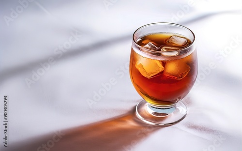 a glass filled with iced tea, sitting elegantly on a pristine white background