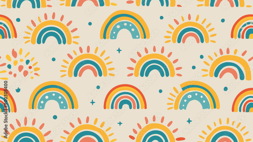 Seamless vector pattern with hand drawn rainbows and sun Trendy baby texture for fabric textile wallpaper backdrop Seamless vector pattern with hand drawn rainbows and sun Trendy baby texture for fabric textile wallpaper backdrop