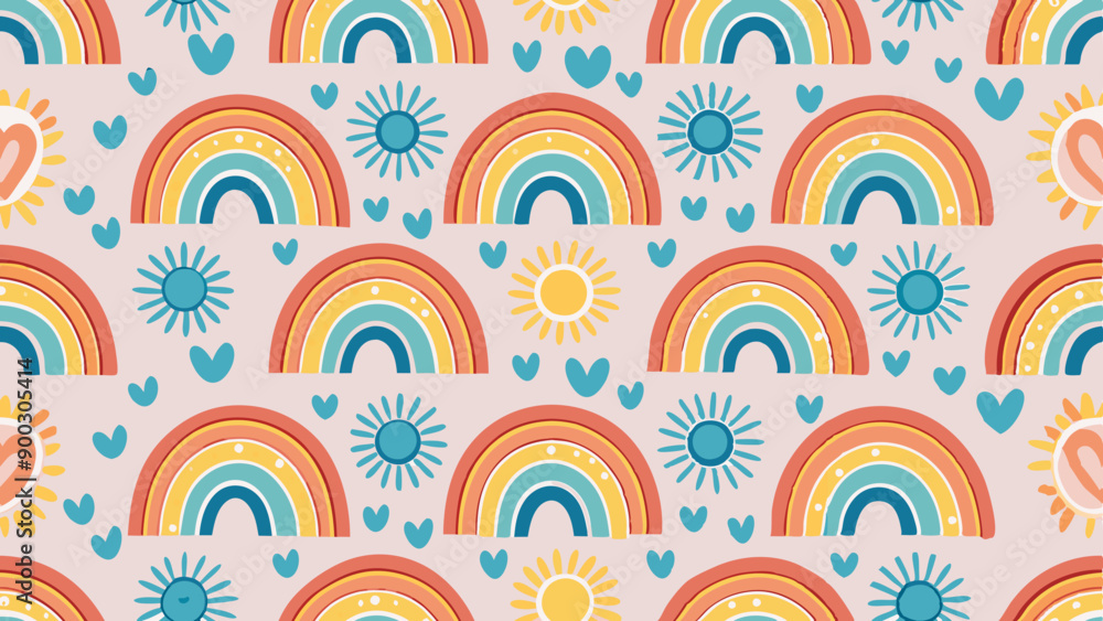 Seamless vector pattern with hand drawn rainbows and sun Trendy baby texture for fabric textile wallpaper backdrop