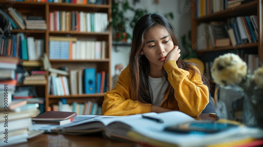 A teenager sitting at a desk, looking tired and overwhelmed while studying, surrounded by textbooks and notebooks A teenager sitting at a desk, looking tired and overwhelmed while studying, surrounded by textbooks and notebooks