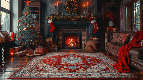 Stylish interior of living room with fireplace decorated Christmas tree