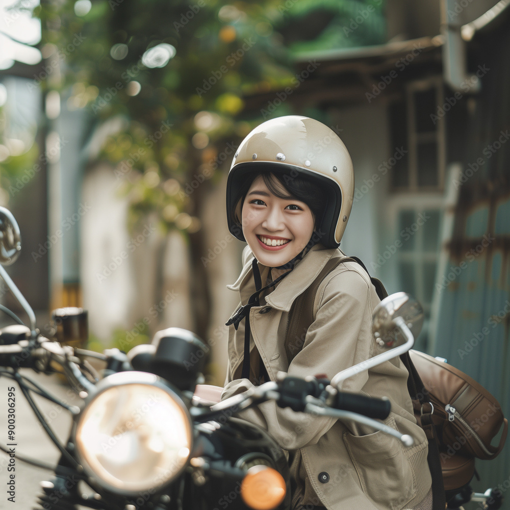 バイクに乗る可愛い笑顔のアジア人の女の子 バイクに乗る可愛い笑顔のアジア人の女の子