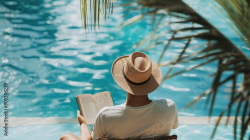 Young Man in Hat Relaxing by Pool, Reading Book with Pool Background © ibooM
