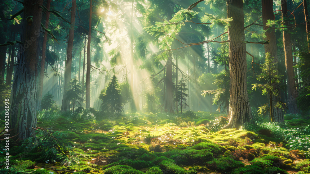 A beautiful forest with sunlight shining through the trees A beautiful forest with sunlight shining through the trees