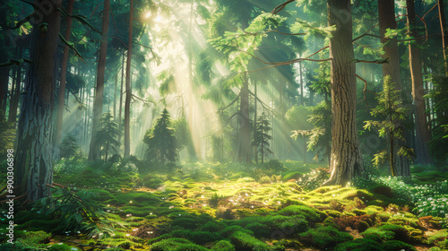 A beautiful forest with sunlight shining through the trees