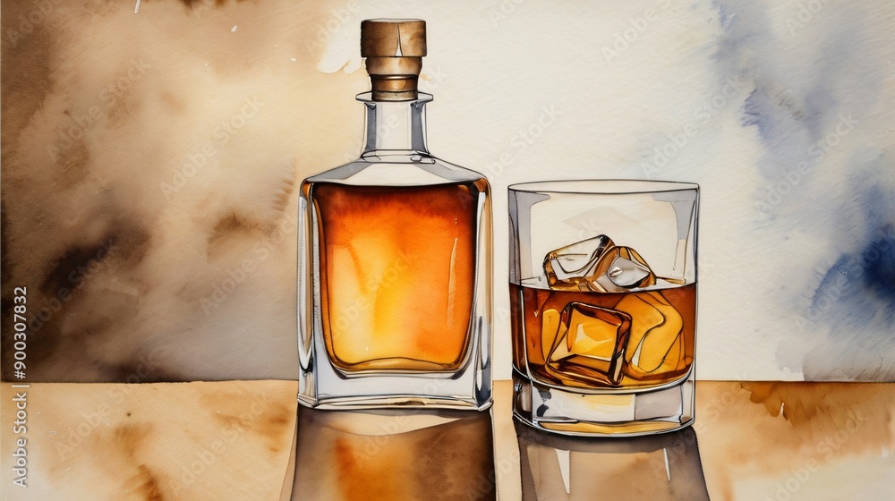 glass bottles filled with amber liquid, brandy, cognac, and whiskey, isolated on white background, casting subtle reflections glass bottles filled with amber liquid, brandy, cognac, and whiskey, isolated on white background, casting subtle reflections