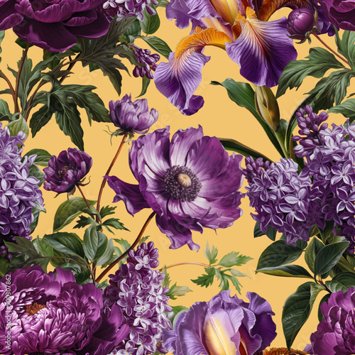 Seamless vector pattern with purple peony, lilac and iris flowers isolated on a changeable background.