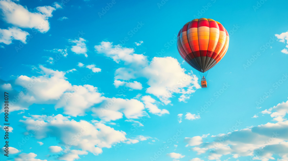 A hot air balloon floating in the sky with white clouds A hot air balloon floating in the sky with white clouds