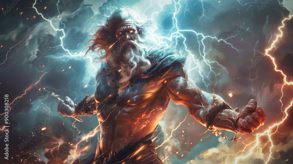 Zeus, the Greek god of thunder, surrounded by lightnings Zeus, the Greek god of thunder, surrounded by lightnings