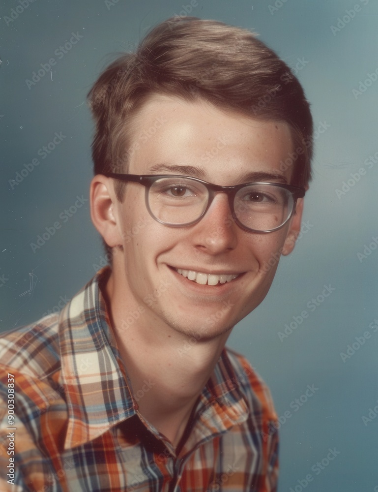 Retro 1970's Portrait of a Young Man in Glasses and Plaid Shirt. 70's. 70s, seventies. Retro 1970's Portrait of a Young Man in Glasses and Plaid Shirt. 70's. 70s, seventies.