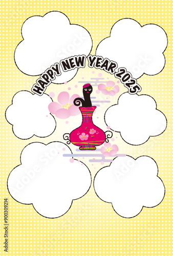 吹き出したっぷり2025年可愛い蛇の年賀はがき〜背景ドット入り