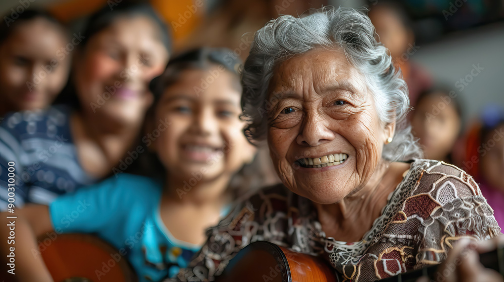 close up happy hispanic Grandmother singing with their grandchildren for national grandparents day. close up happy hispanic Grandmother singing with their grandchildren for national grandparents day.