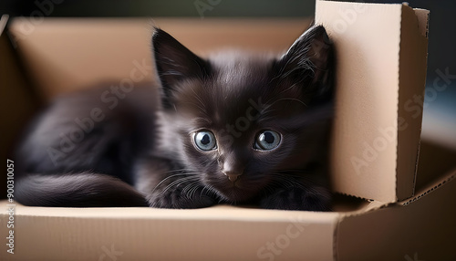 Black cat photo looking on camera in a box