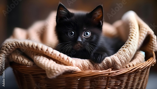 Black cat sleeping in a basket