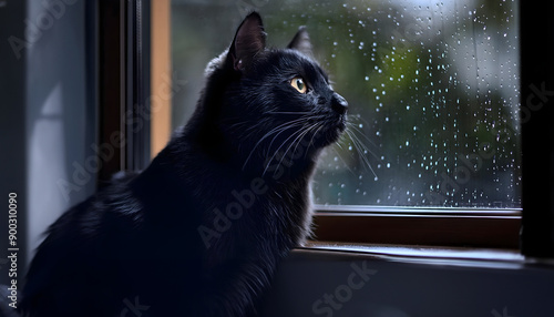 Black cat sits on window rain