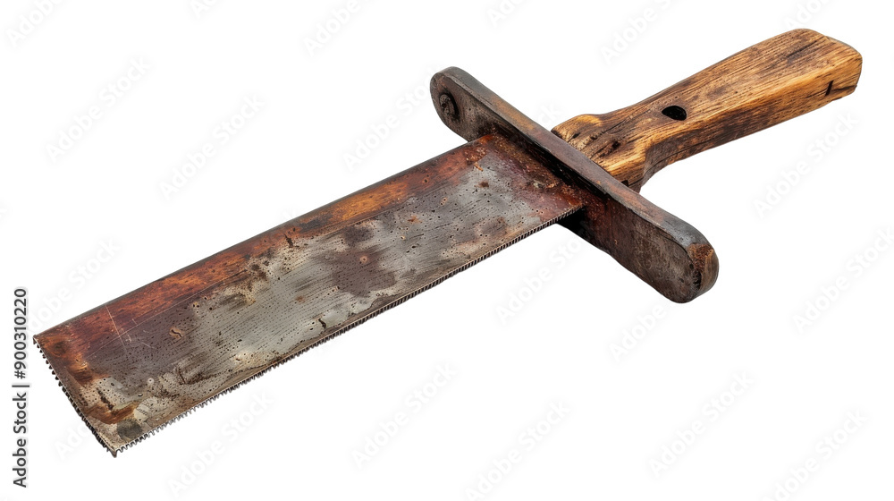 Rustic Handcrafted Saw With Weathered Wooden Handle on White Background Ideal for Vintage Tool Enthusiasts and Collectors Rustic Handcrafted Saw With Weathered Wooden Handle on White Background Ideal for Vintage Tool Enthusiasts and Collectors