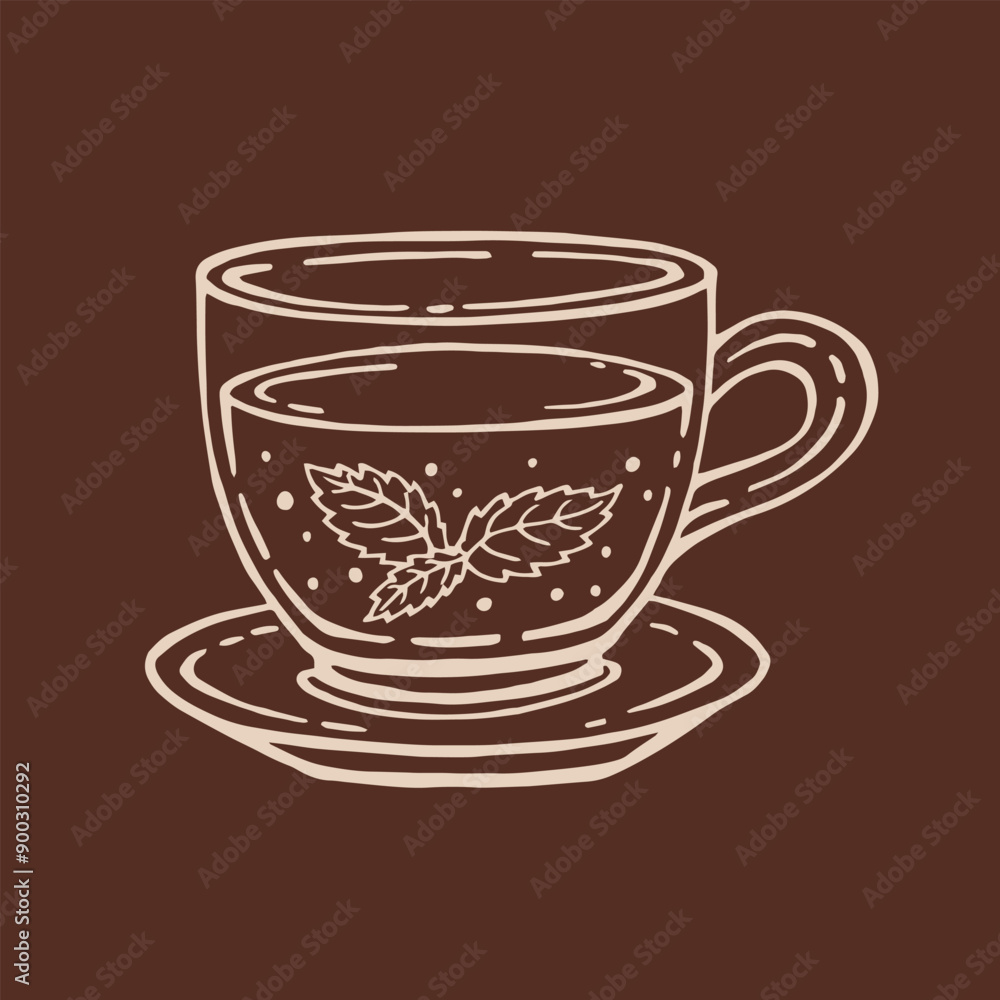 Fototapeta premium Cup of tea with healthy green tea, mint leaves. Hand drawn vector illustration in outline style.