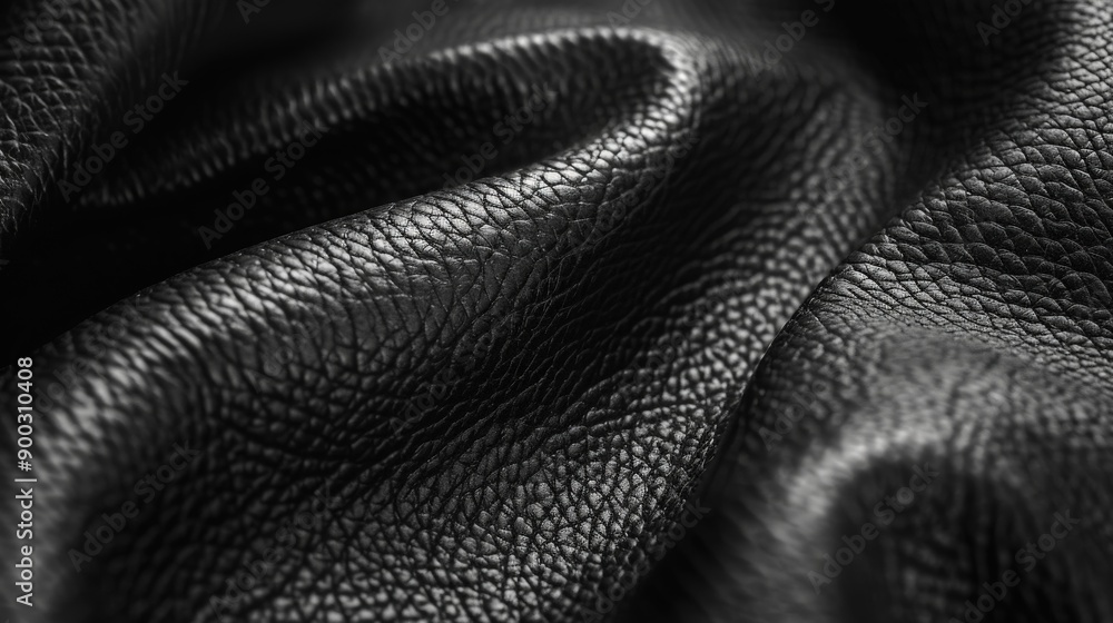 Textured Black Leather Fabric Displayed in Soft Light Textured Black Leather Fabric Displayed in Soft Light