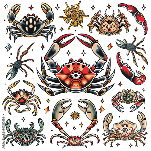 Traditional Crab Tattoo Flash Sheet Design