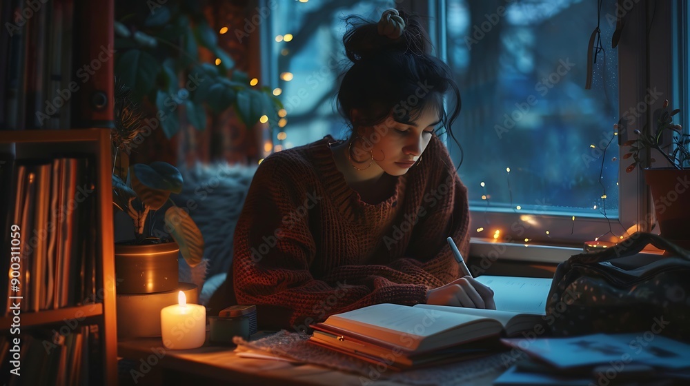 Obraz premium Tack-sharp image of a person journaling, cozy reading nook, soft lighting,