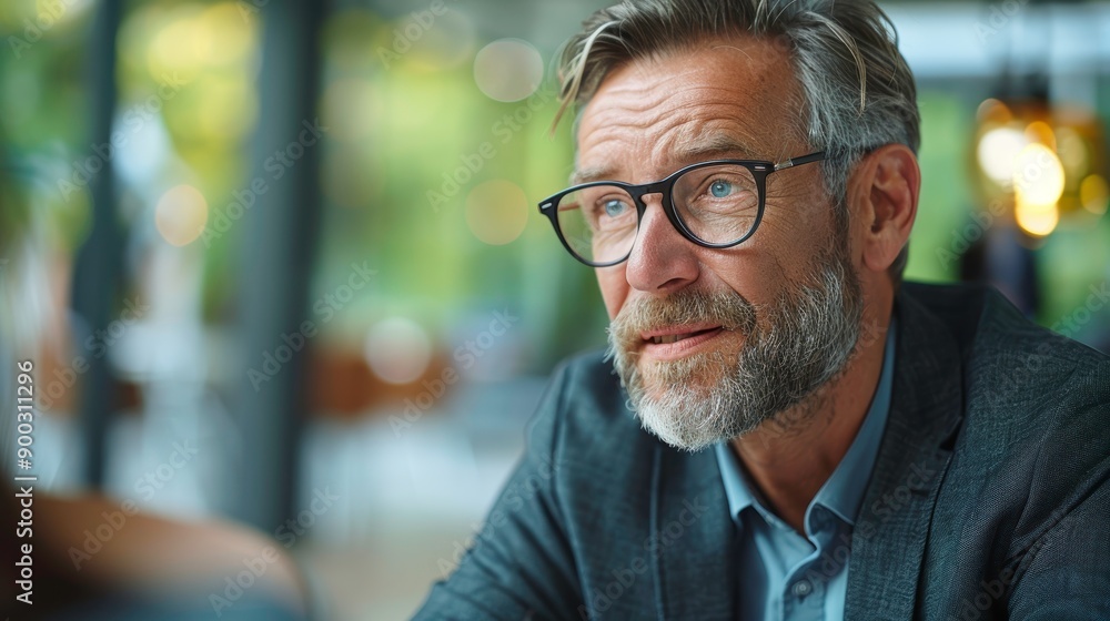 A thoughtful businessman in glasses engages in a serious discussion in a modern office setting, showcasing leadership and experience. A thoughtful businessman in glasses engages in a serious discussion in a modern office setting, showcasing leadership and experience.