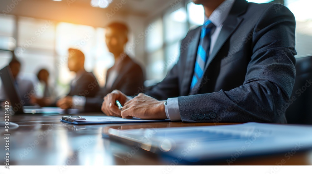 Business meeting with professionals focused on discussions and strategy formulation in a modern office environment. Business meeting with professionals focused on discussions and strategy formulation in a modern office environment.