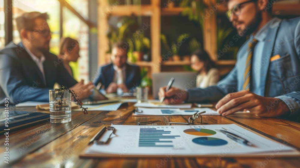 Business meeting with professionals analyzing charts and discussing strategies in a modern office environment. Business meeting with professionals analyzing charts and discussing strategies in a modern office environment.