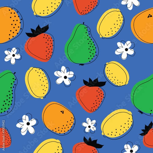 Fresh organic fruit seamless fabric pattern. Texture with bio summer strawberry, pear, orange, flowers and lemmon.
