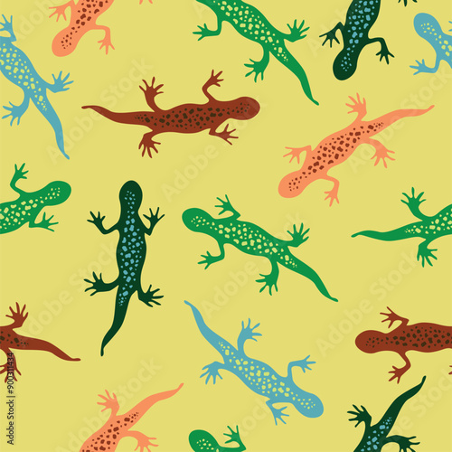 Lizard seamless pattern of colorful gecko  on yellow background