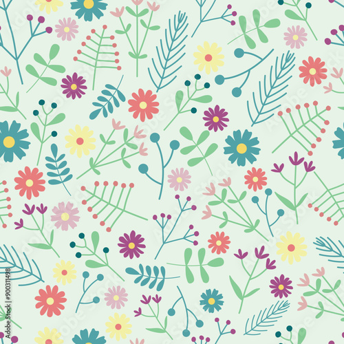 Cute chlidren flower and plants on green background seamless pattern