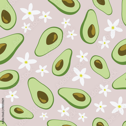 Seamless pattern with avocado and its flowers on ink background