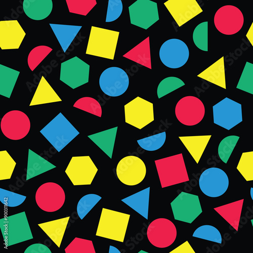 Colorful retro 90s and 80s shapes pattern with circles, half-circles, polygonals, triangles and squares