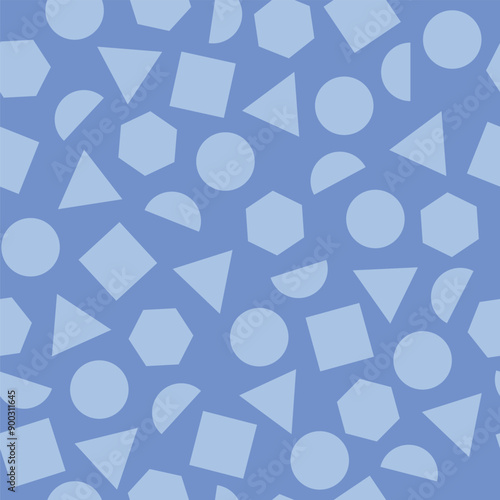 Blue retro 90s and 80s shapes pattern with circles, half-circles, polygonals, triangles and squares
