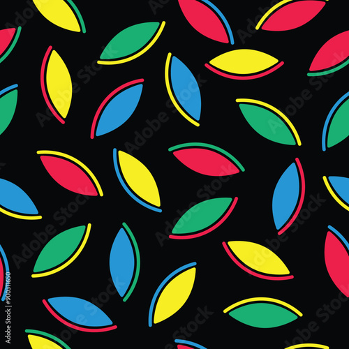 Colorful retro 90s and 80s shapes pattern with leaf styled ornamental shapes