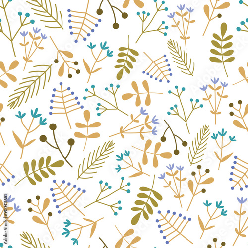 Cute chlidren yellow and brown autumn flower and plants seamless pattern 