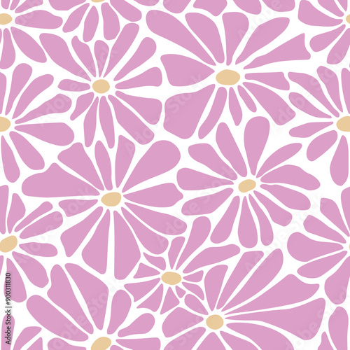 Groovy funky modern pattern with pink flowers on white background