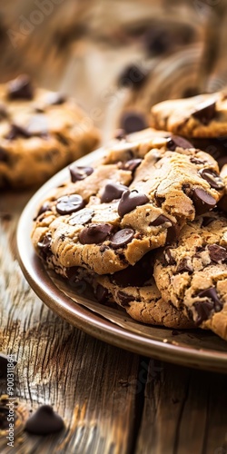 Freshly Baked Chocolate Chip Cookies on Rustic Wooden Table