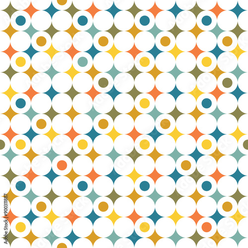 Retro seamless pattern with stars and circles on white background
