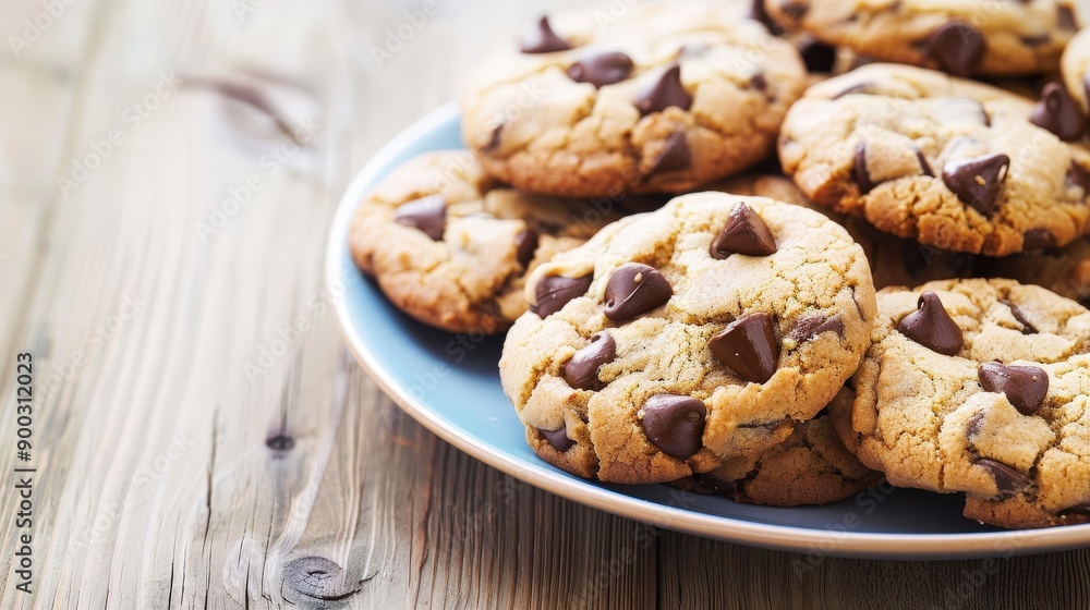 Freshly Baked Chocolate Chip Cookies on Blue Plate in Cozy Kitchen Freshly Baked Chocolate Chip Cookies on Blue Plate in Cozy Kitchen